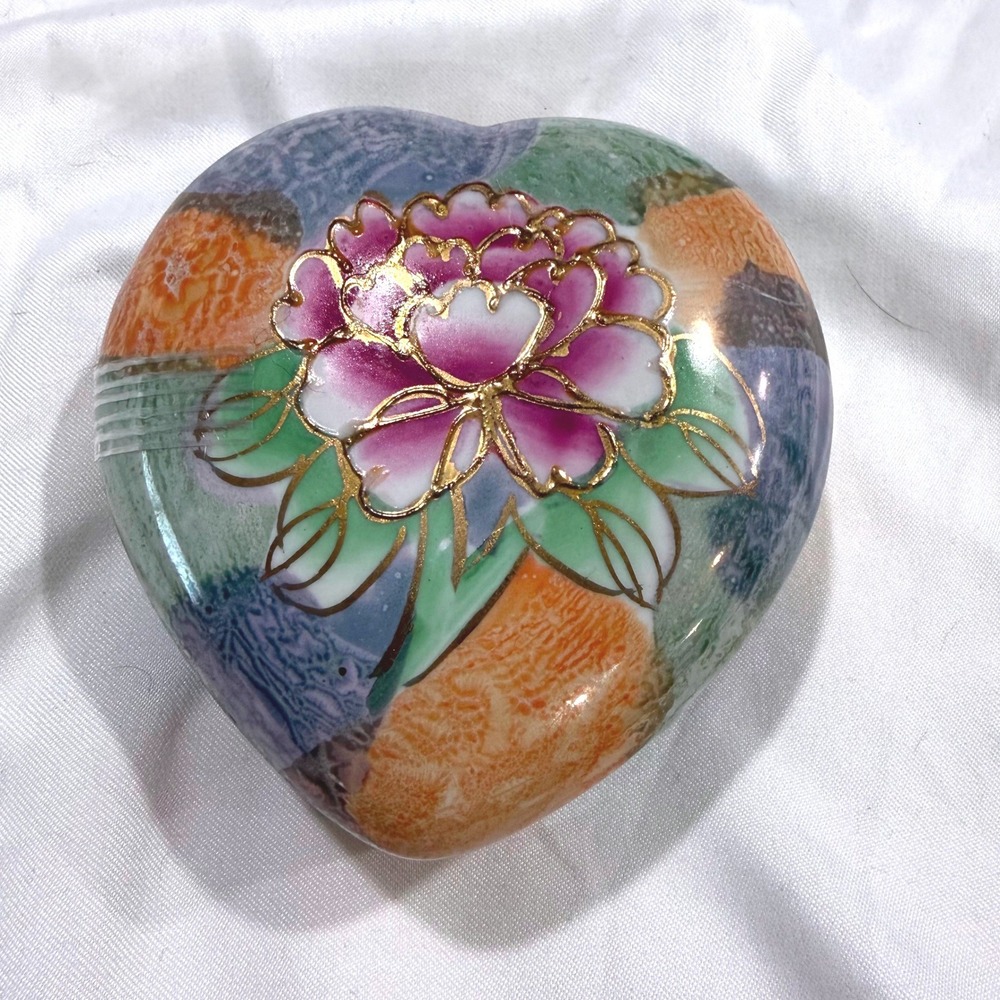 Vintage Lusterware Trinket Box Heart Lidded Hand Painted Floral Moriage Japan